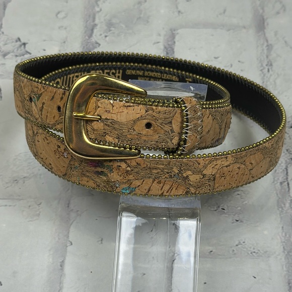 Absolutely Fresh Vintage Bonded Leather Belt Cork Print Metallic Flecks Beaded - Picture 1 of 11